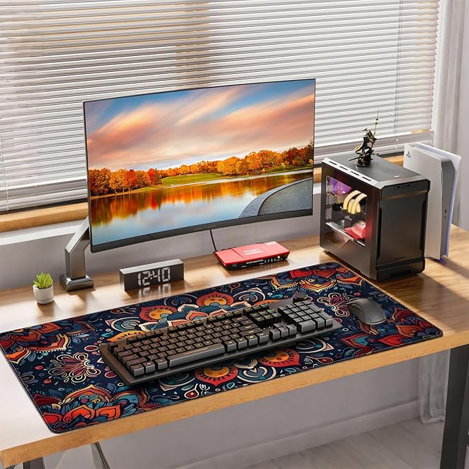 XXL Gaming Mouse Pad, Bohemian Floral Pattern, 35.4 x 15.7 Inches, Microfiber Cloth, Non-Slip Rubber Base, Extended Desk Mat