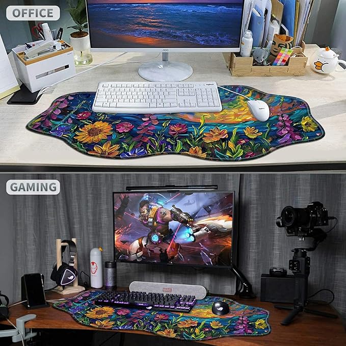 Vibrant Watercolor Flowers Large Gaming Mouse Pad Plus a Coaster, 35.4 x 15.7 inches Desk Mat Extended XXL Mousepad with Stitched Edge Non-Slip Rubber, Desk Pad Computer Mouse Mat for Home Office