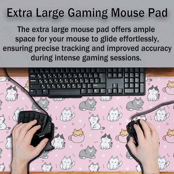 Gaming Mouse Pad Pink, Large Mousepads Computer Desk Mat, XXL Mouse Pad Gaming Non-Slip Rubber Base Waterproof with Stitched Edges, 35.4 X 15.7 inch for Work/Game/Office/Home Cartoon Cat