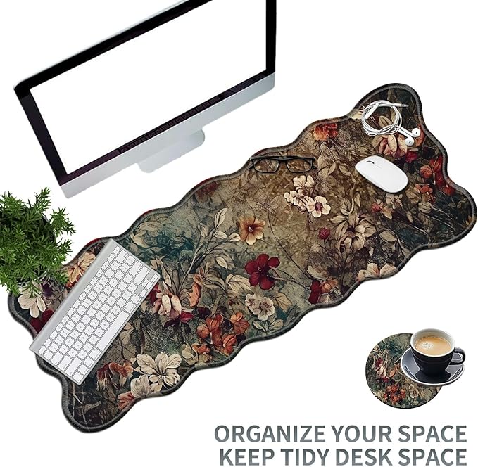 Dark Art Flowers Large Gaming Mouse Pad Plus a Coaster, 31.5 x 11.8 inches Desk Mat Extended XL Mousepad with Stitched Edge Non-Slip Rubber, Desk Pad Computer Mouse Mat for Home Office