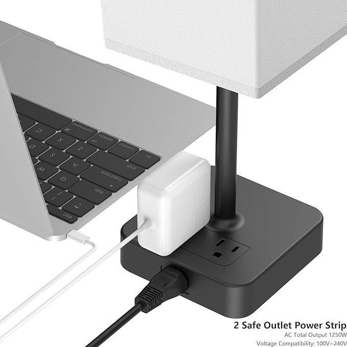 Bedside Table Lamp with Touch Control & USB C+A Charging Ports LED Desk Lamp with 2 AC Outlets, Minimalist Nightstand Light with Black Fabric Shade for Bedroom, Living Room, Office, White