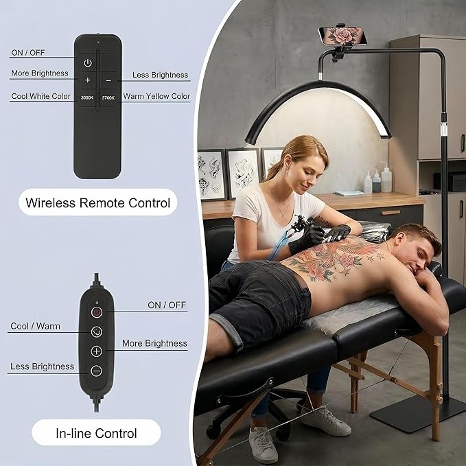 24" Half Moon Lash Light with Phone Holder & Remote Control, Height Adjustable Lash Lamp with 360° Rotating Head, Dimmable Shadow-Free Salon Light for Eyelash Extensions, Tattoo, Skincare, Spa