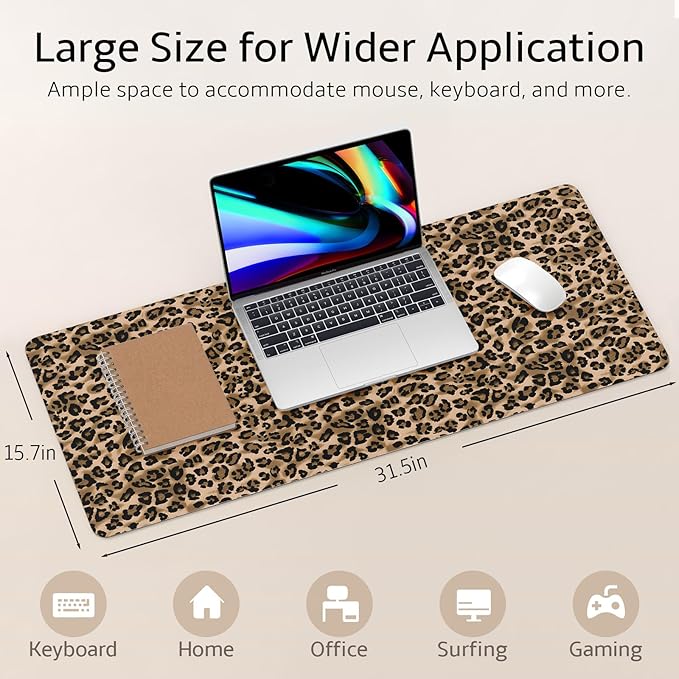 Mouse Pad Leather Desk Mat Large Keyboard Cute Office Desktop Computer Laptop XXL Long Big Aesthetic Modern Design Women Girls Gaming Gamer Oversized Wide Mousepad 31.5"x15.7", Leopard