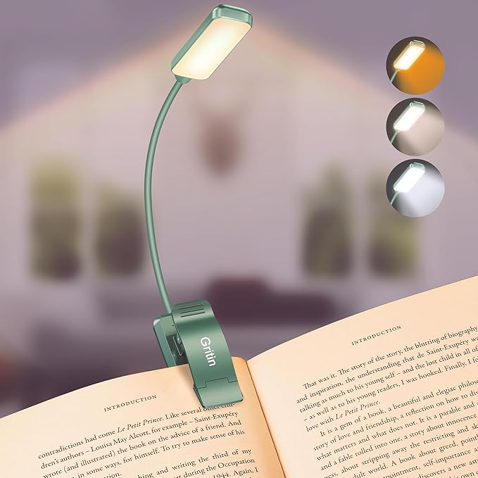 Gritin 9 LED Rechargeable Book Light for Reading in Bed - Eye Caring 3 Color Temperatures,Stepless Dimming Brightness,80 Hrs Runtime Small Lightweight Clip On Book Reading Light for Studying-Green
