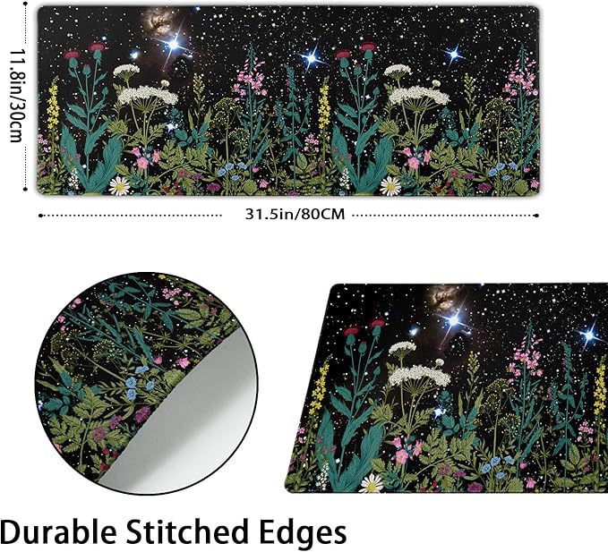 aportt Black Aesthetic Wildflower Large Mouse Pad XL Space Galaxy Weeds Herb Cute Floral Extended Desk Mat Big 80X30 CM Non-Slip Rubber Base Stitched Edge Long Mousepad,31.5×11.8 Inch
