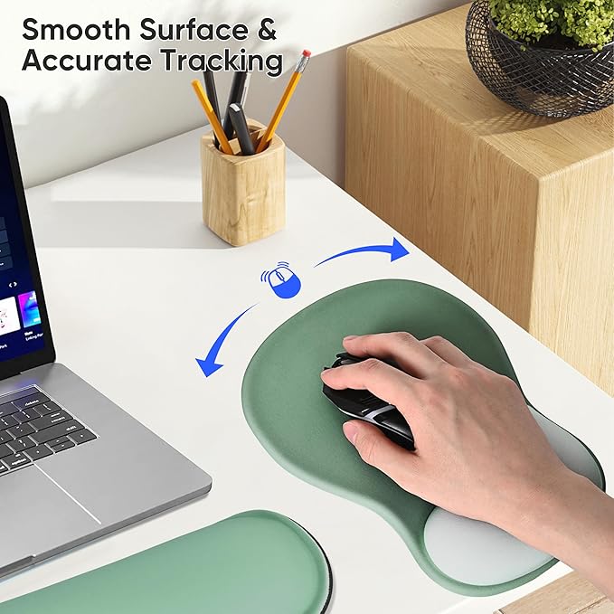 Wrist Rest Support for Mouse Pad Keyboard Set Circle Coaster Gaming Mouse Pad Ergonomic Gel Memory Foam Set for Computer, Laptop, Office, Comfortably Typing Pure Green KM-34
