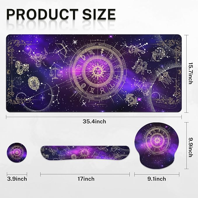 Arttown Sun Space Galaxy Desk Mat Constellation Astrology Mouse Pad Set 4 in 1 Ergonomic Design Large Mousepad + Keyboard Wrist Rest + Mouse Wrist Rest + Coaster Suitable for Home Office Study Game