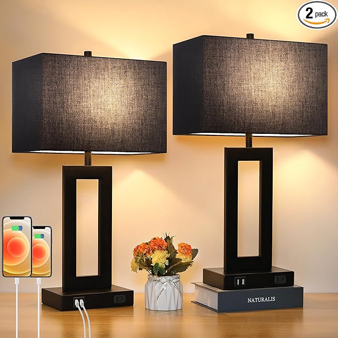 Set of 2 Touch Control Table Lamps with 2 USB Ports&AC Outlet, 3-Way Dimmable Modern Nightstand Lamp Sets, Bedside Black Lamps for Bedroom Living Room End Tables Reading, Bulbs Included, Black Shade