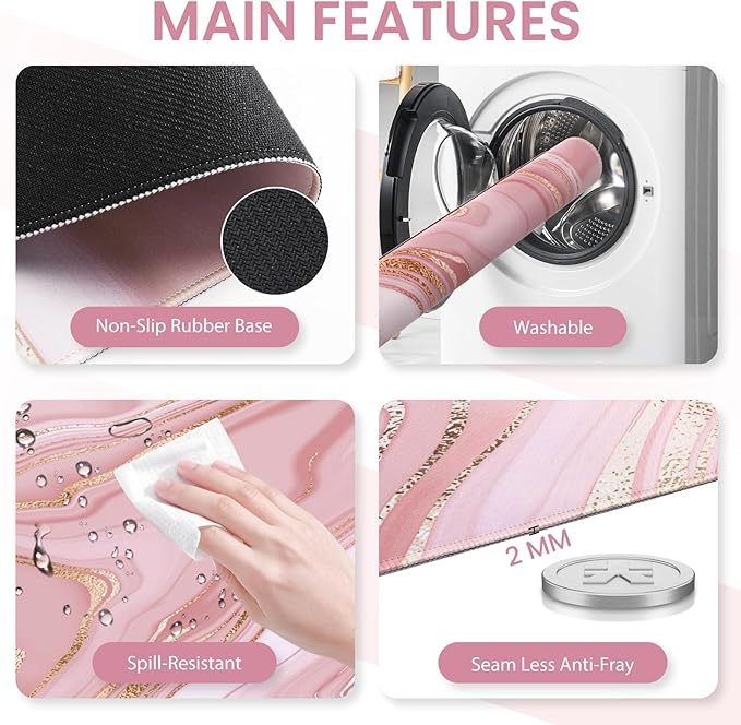 Pink Desk Mat, Desk Mat for Mouse, Computer Mats, Rose Gold Mouse Pad and Keyboard Wrist Rest, Memory Foam Wrist Rest for Mouse (Rose Gold Pink)
