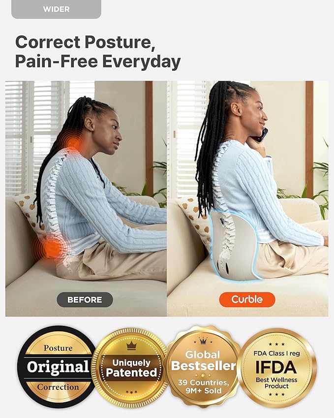 Curble Wider(Standard Wide) – Ergonomic Back Support Chair, Lumbar Support for Posture Correction & Back Pain Relief, Ideal for Office, Floor Seat & Work from Home, Patented (Grey)