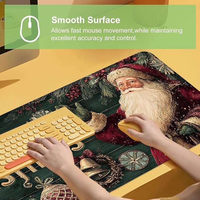 Desk Mat, XXL Extended Gaming Pad for Desktop, 35x16 Inches Vintage Santa, Large Non-Slip Vegan Leather Keyboard Mouse Mat for Home Office