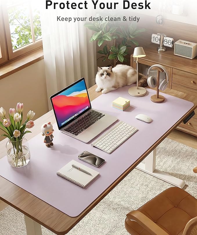 Aothia Faux Leather Desk Mat - Large Mouse Pad, Non-Slip PU Leather Blotter, Waterproof Writing Surface for Office and Home (Soft Lavender, 42" x 17")