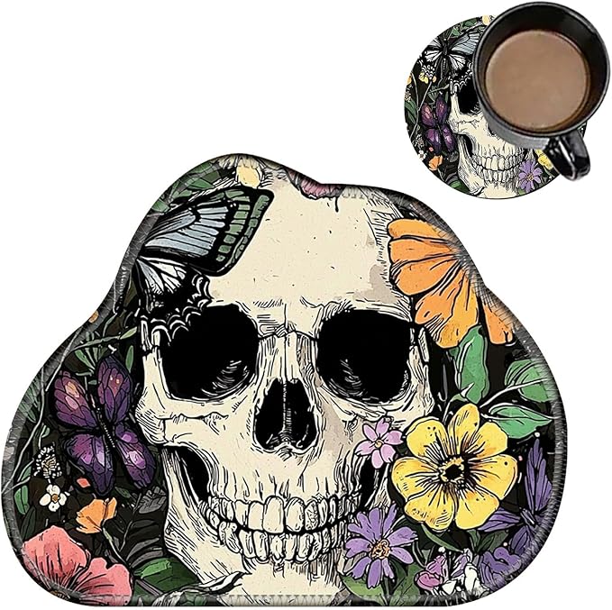Cute Mouse Pad Plus 1 Coaster, Small Gaming Mouse Mat 11.8 x 9.45 inches, Travel Mouse Pads with Durable Stitched Edges Non-Slip Base, Sugar Skull Flowers Decor Mousepad for Office Home