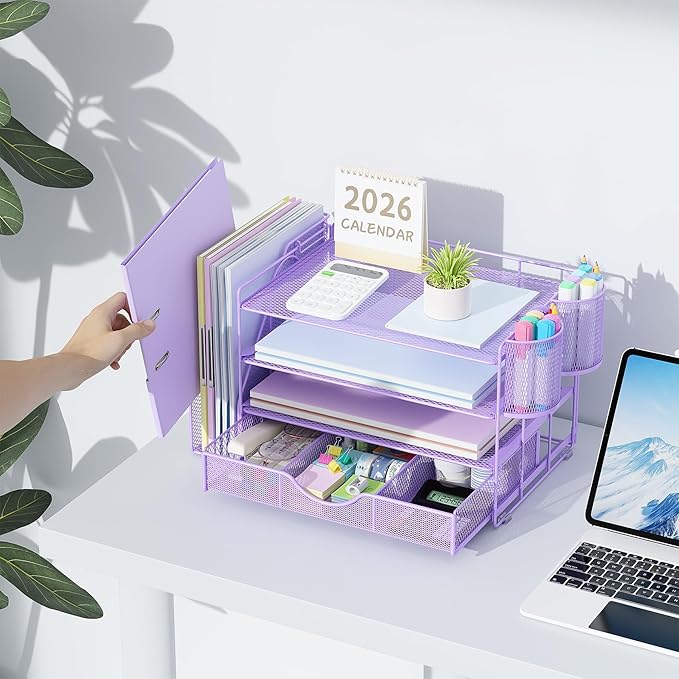 gianotter Desk Organizers and Accessories with File Holder, 4-Tier Desk Accessories & Workspace Organizers with Drawer and 2 Pen Holder, Paper Organizer for Office Supplies (Purple)