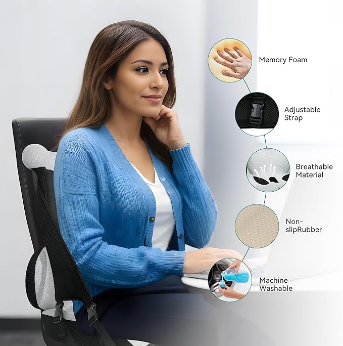 Memory Foam Lumbar Support Pillow, Car Seat Cushion, Office Chair Cushion, One Piece Chair Pad, Improve Posture, Ergonomic Hip & Coccyx Lumbar Support