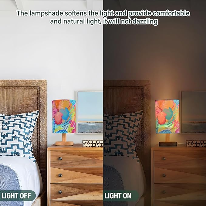 Tropical Floral LED Table Lamp, Bedside Lamp with Linen Lampshade, Flicker-Free Eye Care USB Plug in Nightstand Lamp, for Bedroom and Office