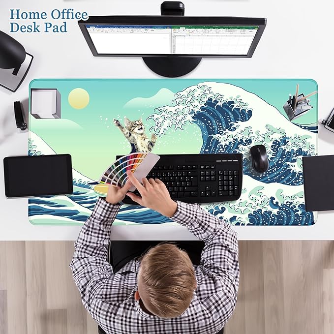 Funny Cat Desk Mat, Desk Matt for Desktop, Surfer Cat DeskPad Mat, XXL Large Mouse Pad for Desks, Anti-Slip Big Mousepad with Stitched Edges, Keyboard Mats for Computer, Work, Office, Game, Home