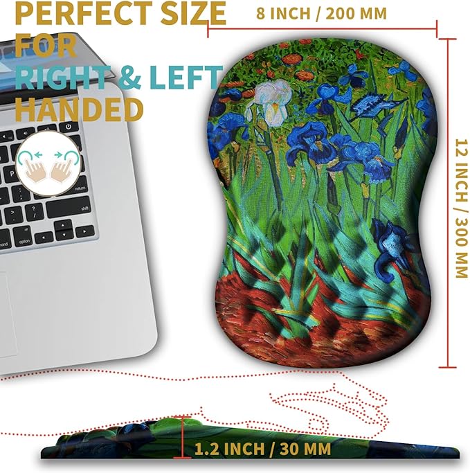 Hokafenle Ergonomic Mouse Pad Wrist Support with Massage Design, Wrist Rest Mousepad with Memory Foam&Non-Slip PU Base, Mouse Pads for Wireless Mouse & Desk(12x8 inch,Vangogh Iris Flower)