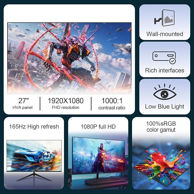 27 Inch FHD (1920x1080) Gaming Office Monitor,165Hz Refresh Rate, HVA Panel Computer Monitor, 1000:1 Contrast Ratio,100% sRGB HDMI and DisplayPort Interfaces (G27X)