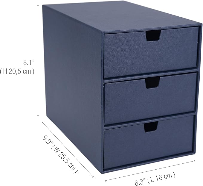 Bigso Box of Sweden Ingrid 3-Drawer Fiberboard Desk Organizer for Office Supplies & Accessories - Stackable Makeup Drawer Organizer - 6.3in x 9.9in x 8.1in - Blue