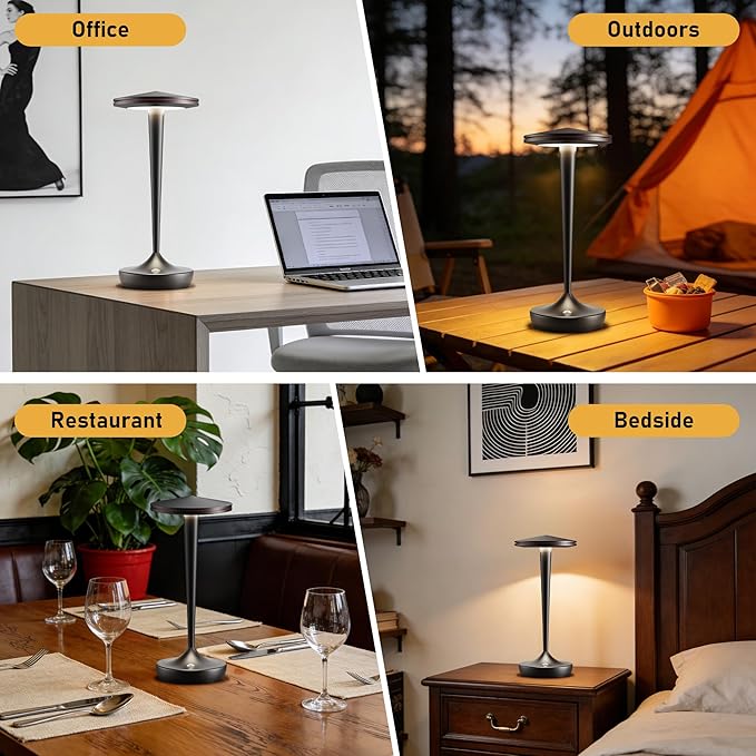 YHT 2Pack CordlessTable Lamps Rechargeable, 6000mAh Battery Portable LED Touch Led Table Lamp, 3-Color Stepless Dimming & Memory Function, for Outdoor, Dinning, Patio, Restaurant, Kitchen (2 Black)