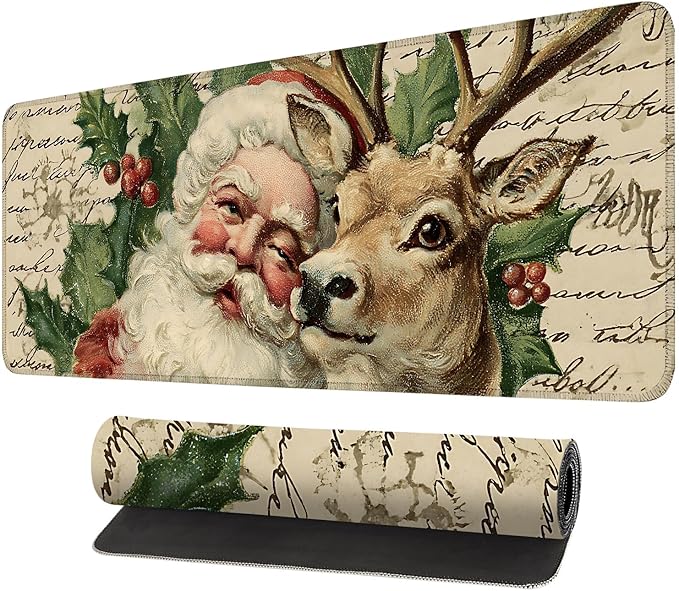 Desk Mat, XXL Extended Gaming Pad for Desktop, 35x16 Inches Santa and Reindeer Classic Scene, Large Non-Slip Vegan Leather Keyboard Mouse Mat for Home Office