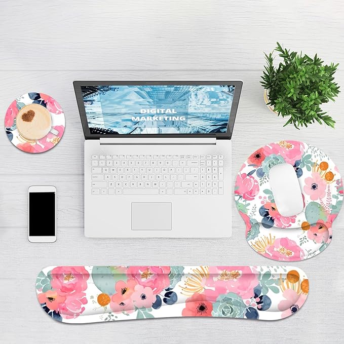Ergonomic Mouse Pad with Wrist Rest and Keyboard Wrist Rest, Mousepad and Wrist Rest for Computer Keyboard, Non-Slip Rubber Base, Mouse Pad Wrist Support for Gaming, Office, Pink Flower