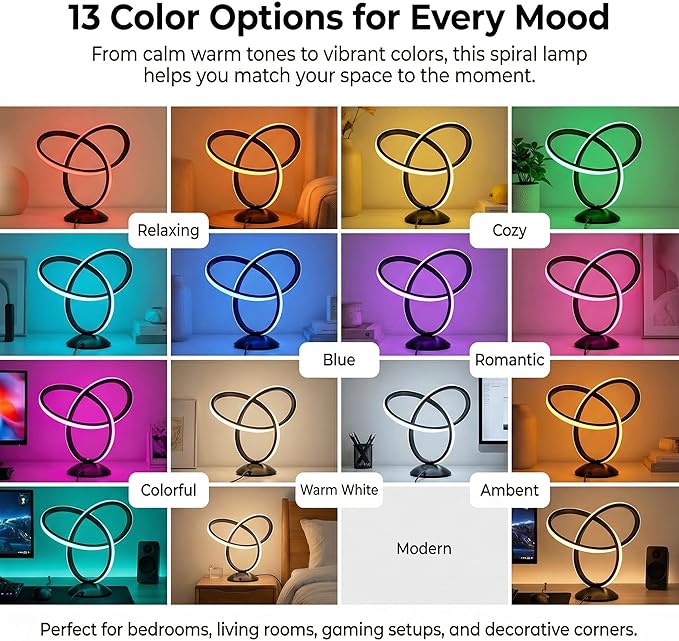 RGB Bedside Lamp with Remote,13 Color Changing Spiral Table Lamp, Dimmable LED Night Light with 3 Warm White Levels for Bedroom, Living Room,Nightstand,Black
