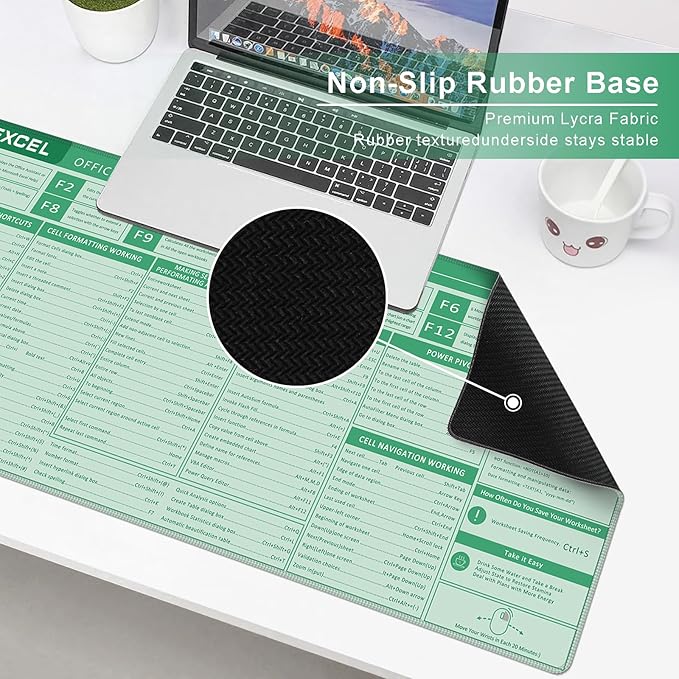 Baziabbo Office Desk Mat, Excel Cheat Sheet Keyboard Mat, Excel Shortcut Desk Pads,Non-Slip Excel Mousepad with Stitched Edges for Computer (Sheet Green)