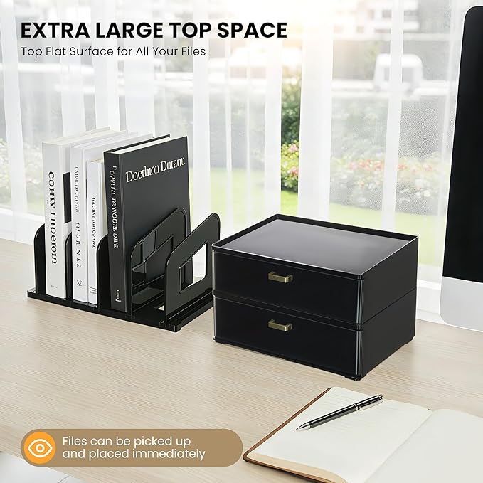 Black Acrylic Desk Organizer with Drawer & File Holder, Stackable Modular Storage System, Multi-Layer Desktop Organizer, Space Saving Office Desk Organizer for Home & Work