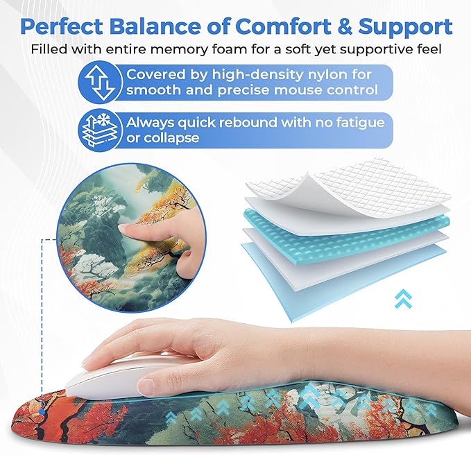 Ergonomic Mouse Pad with Wrist Support, Memory Foam Wrist Rest for Pain Relief & Carpal Tunnel, Non-Slip Base for Office, Computer, PC, Laptop (12x8x1.2inch, Japanese Forest)