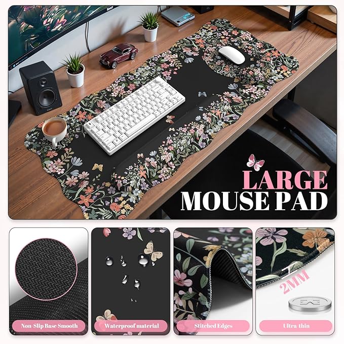 iCasso Desk Mat Set,Large Mouse Pad with Wrist Rest,Ergonomic Keyboard Wrist Support for Women,Girly Floral Computer Mat with Scalloped Edges,Non-Slip Desk Pad Home Office Gaming (Black)