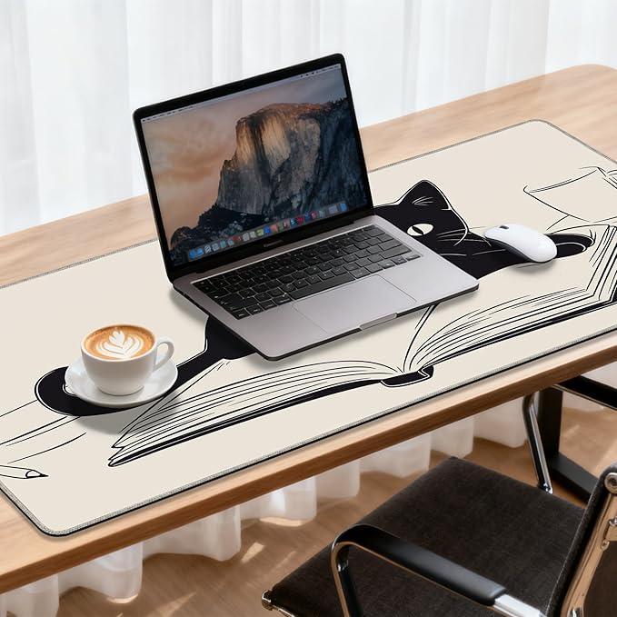 Large Mouse Pad 35.4x15.7 Inch Coffee, Cat and Book Gaming Desk Mat with Non-Slip Rubber Base, Stitched Edges for Gaming,Office