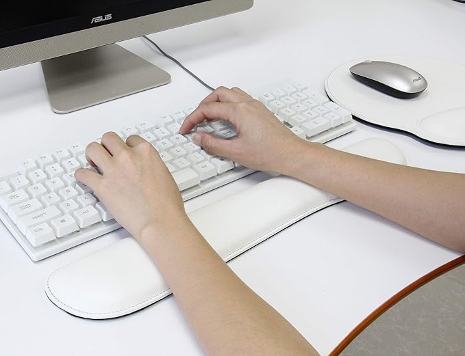 RICHEN Ergonomic PU Leather Keyboard Wrist Rest and Mouse Pad with Wrist Support, Memory Foam Set for Office and Gaming, Comfortable & Lightweight for Easy Typing (White)
