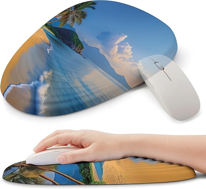 Ergonomic Mouse Pad with Wrist Support, Memory Foam Wrist Rest for Pain Relief & Carpal Tunnel, Non-Slip Base for Office, Computer, PC, Laptop (12x8x1.2inch, Yellow Beach)