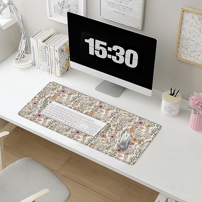 Vintage Rustic Wildflower Floral Large Mouse Pad 31.5x15.7inch, Retro Cottagecore Botanical Flower Large Extended Computer Desk Mat Mousepad for Keyboard and Mouse, Floral Desk Accessories