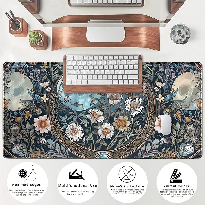 Tarot Triple Moon Desk Mat Retro Aesthetic Desk Pad Daisy Vintage Floral Extended Mouse Pad Large Gaming Mousepad XXL Laptop Computer Mouse Keyboard Mat 31.5 x 15.7 in for Office Desk Decor