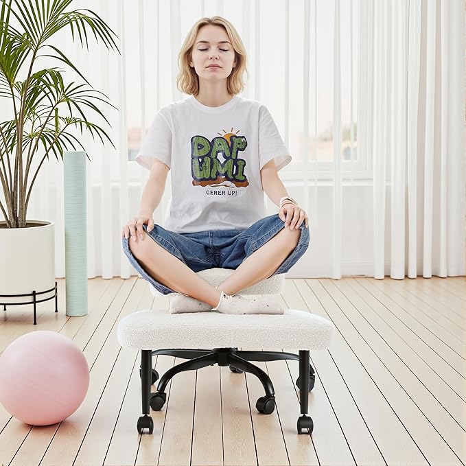 GUNJI Ergonomic Criss Cross Legged Office Chair, 360° Swivel Meditation Kneeling Chair with Wheels, ADHD Chair with Footrest, Lumbar Support, Wider Height Adjustable Seat (White, Faux Leather)