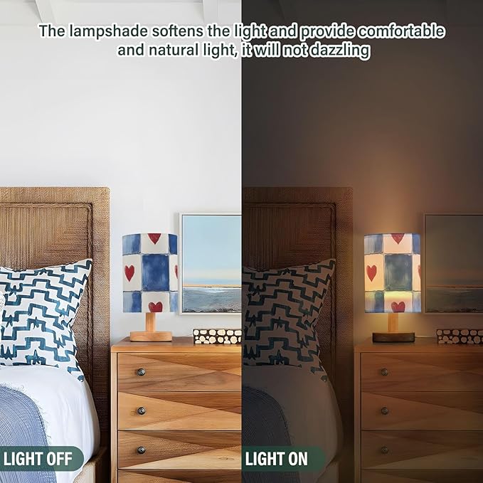 Blue Heart LED Table Lamp, Bedside Lamp with Linen Lampshade, Flicker-Free Eye Care USB Plug in Nightstand Lamp, for Bedroom and Office