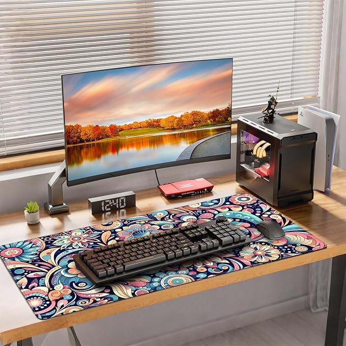 XXL Gaming Mouse Pad, Bohemian Floral Pattern, 35.4 x 15.7 Inches, Microfiber Cloth, Non-Slip Rubber Base, Extended Desk Mat