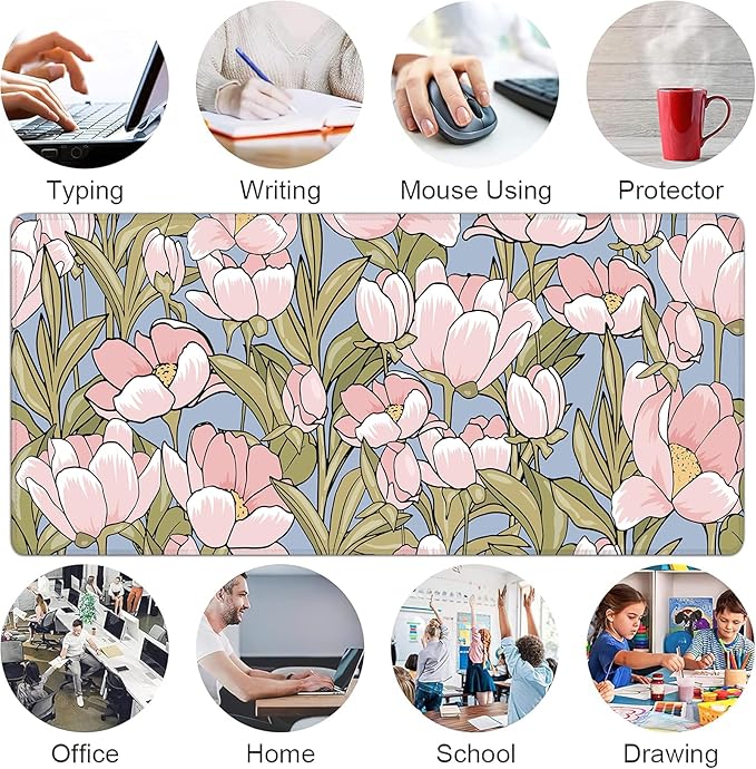 Desk Mat, WatercolorTulip Flowers XXL 35.4"x15.7"Large Gaming Mouse Pad, 3mm Thick Gaming Keyboard Pad,Desk Pad Non-Slip Rubber Base with Stitched Edges for Office Game Home Decor