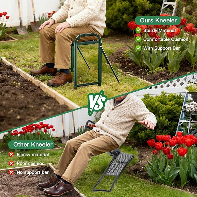 Heavy Duty Garden Kneeler & Seat with Support Legs, 400lbs Capacity Foldable Gardening Stool, Extra Thick Pad & Large Tool Organizer Bag, Ergonomic for Seniors - Dark Green
