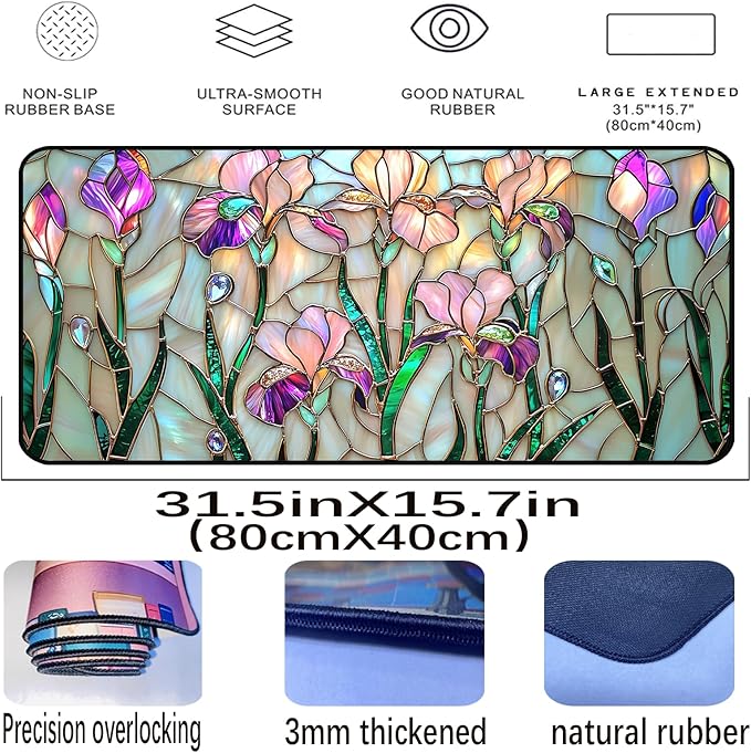 Colorful Flower Desk Mat Mouse Pad XXL, Plant Extended Large Game Desk Mouse Pads, Desktop Mat Computer Laptop Keyboard Mat, Women's Desk Protector Mat,Desk Matte Office 31.5"X15.7"