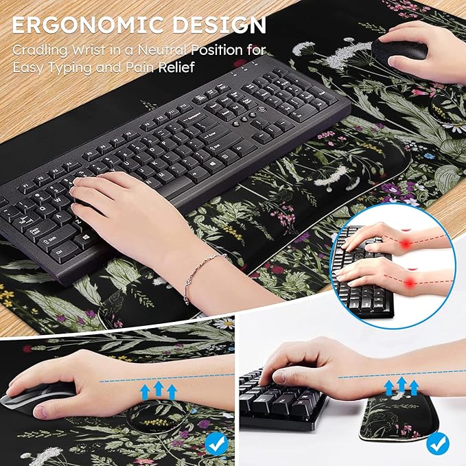 iCasso Large Mouse Pad for Desk, Computer Desk Mat, 3Pcs XXL Keyboard and Mouse Pad + Keyboard Wrist Rest, Desk Matt for Desktop, Easy Typing & Comfort Ultra Thick Mousepad Keyboard Mat (Weeds)