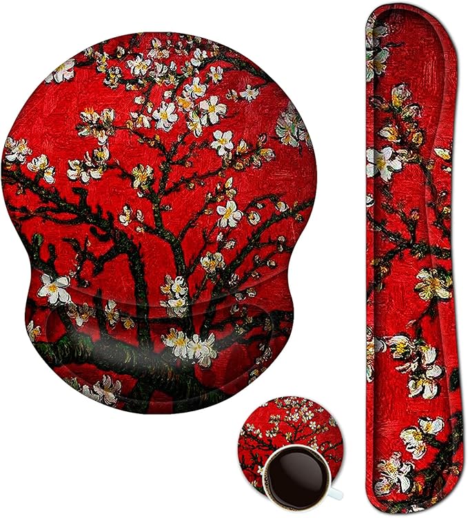 ArtSo Upgraded Wrist Rest Support for Mouse Pad & Keyboard, Ergonomic Gel Mousepad Non-Slip Rubber Base Home, Office Wrist Support, Easy Typing Cushion Neoprene, Soft Memory Foam, Red Van Gogh Painting