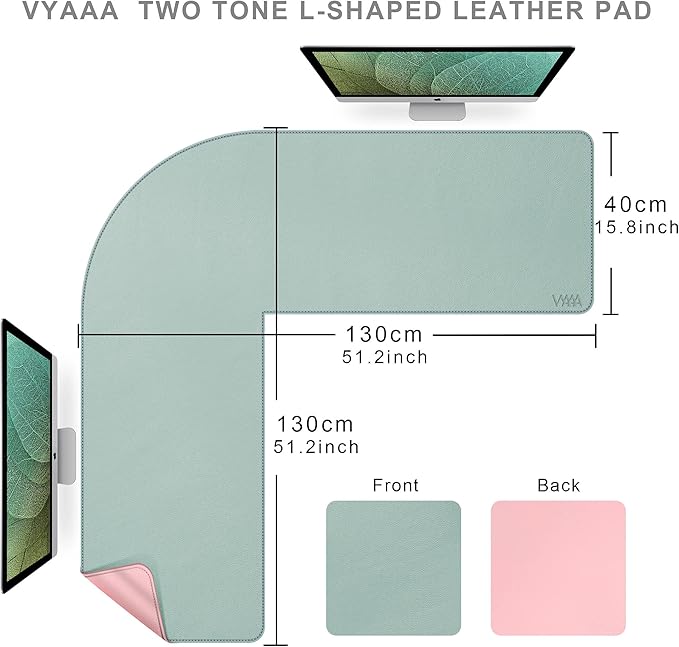 Vyaaa L-Shaped Leather Desk Pad Protector,Large Mouse Pad Corner Desk Mat,Double Sided Desk Blotter for Computer,Laptop,Office or Home,51" x 51"x 15.8",Pink and Green