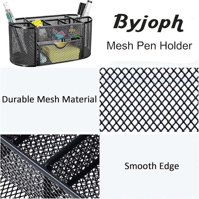 Black Mesh Pen Holder Desk Organizer Cute Office Supplies Pencil and Marker Organizers Oval Desk Caddy with 8 Compartments and 1 Drawer Workspace Accessories for Office School Home