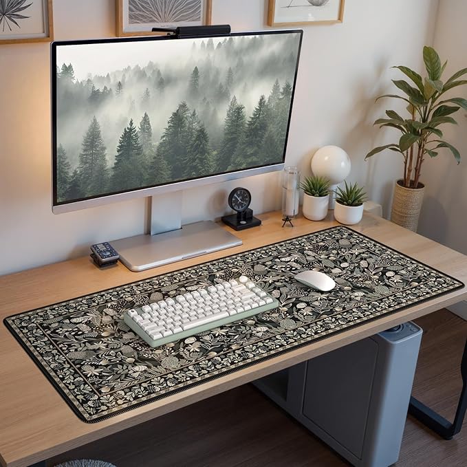 Large Mouse Pad for Desktop, Cute Desk Mat Pad Protector for Work & Gaming, Aesthetic Pretty Anti-Slip Laptop Blotter Cover for Office School Home Supplies, Black Floral, 35.4" x 15.7"