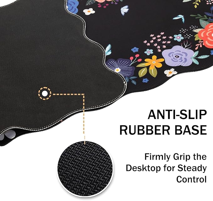 L-SPOUTTO Floral Mouse Pad,Black Desk Mat XXL Large Scalloped Gaming Mousepad,35.4x15.7in Non-Slip Rubber Base Keyboard Pad Waterproof Desktop Mat for Laptop Computer Game Home Office-Black Floral
