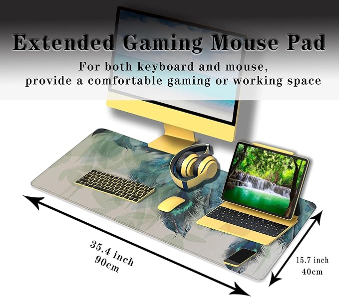 Gaming Mouse Pad Navy Desk Mat Large Desk Pads Mens Office Accessories Pad for Table Non-Slip Rubber Base Waterproof with Stitched Edges 35.4" X 15.7" for Game Office, Peacock Feather